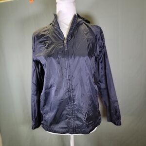 Kids Black Hooded LAND'S End Packable Rain Jacket Large 10-12 Lots Of Pockets